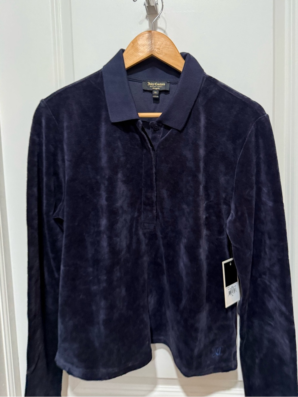 Juicy Couture Stretch Velour Navy Long-Sleeve Polo XL NWT